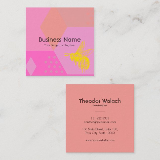 Chic Pink Gold Bee Beruflich Quadratische Visitenkarte (Vorne/Hinten)