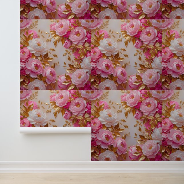 Chic Pink Gold Blume Abnehmbare Pegel- und Stick Tapete (Anwendung)