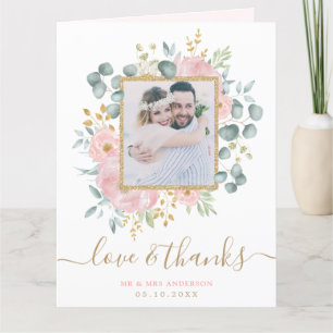 Chic Pink Gold Blumengrün Blumen Hochzeitsgrat Fot Dankeskarte