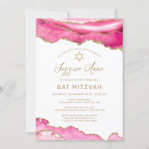 Chic Pink Gold Glitzer Agate Bat Mitzvah Einladung