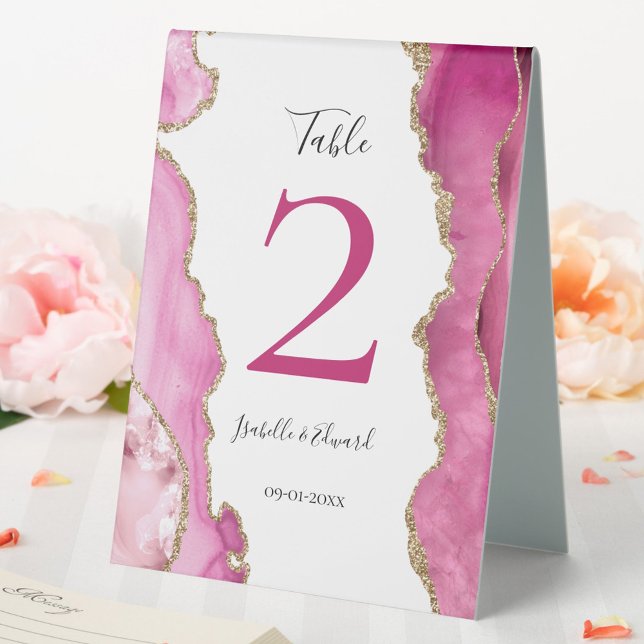 Chic Pink & Gold Glitzer Agate Stone Wedding Gast Tischaufsteller (Von Creator hochgeladen)