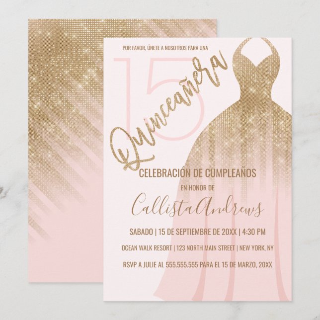 Chic Pink Gold Glitzer Spanisches Kleid Quinceaner Einladung (Vorne/Hinten)