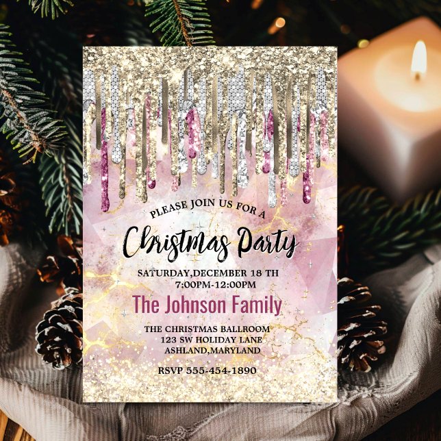 Chic pink Gold Glitzer Tropfen Monogramm Weihnacht Einladung (Von Creator hochgeladen)