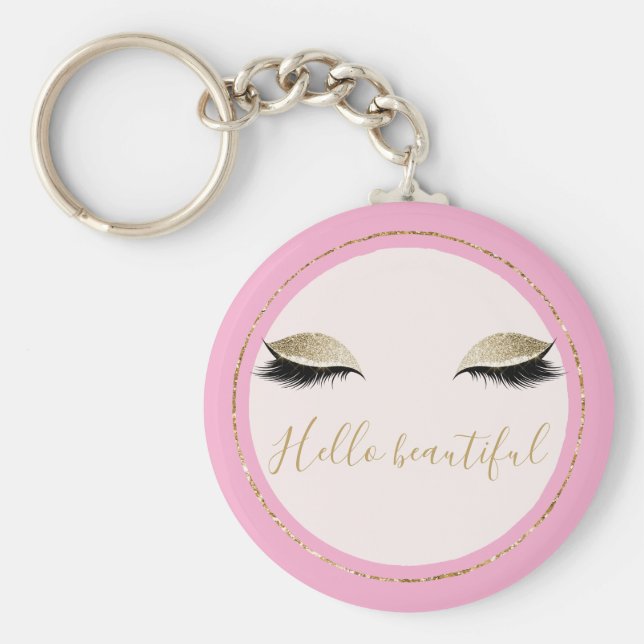 Chic Pink Gold Glitzy Black Eyelashes Schlüsselanhänger (Vorne)
