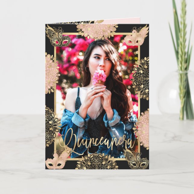 Chic Pink Gold Masquerade Maske Español Einladung (Vorderseite)