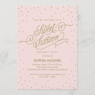 Chic Pink & Gold Stars 16 . Geburtstag Party Einladung