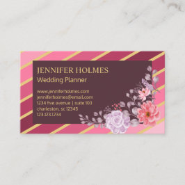 Chic Pink Gold Strips Floral Business Card Visitenkarte