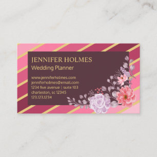 Chic Pink Gold Strips Floral Business Card Visitenkarte