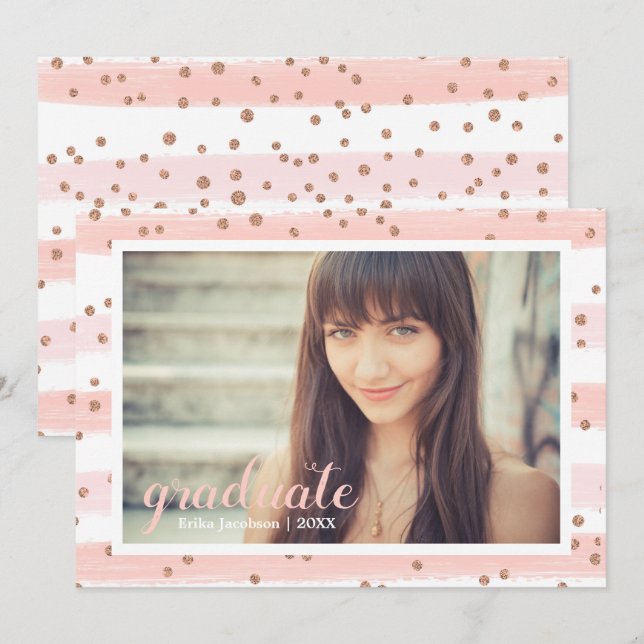 Chic Pink & Gold Stripte Graduate Party Cards Einladung (Vorne/Hinten)
