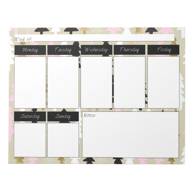 Chic Pink & Gold Tree Muster Weekly Notepad Notizblock (Vorderseite)