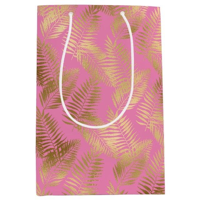 Chic Pink Gold Tropical Blätter Mittlere Geschenktüte (Vorderseite)