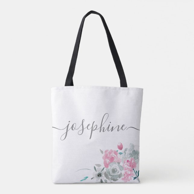 Chic Pink Grau Aquarell Blumenname Bridesmaid Tasche (Rückseite)