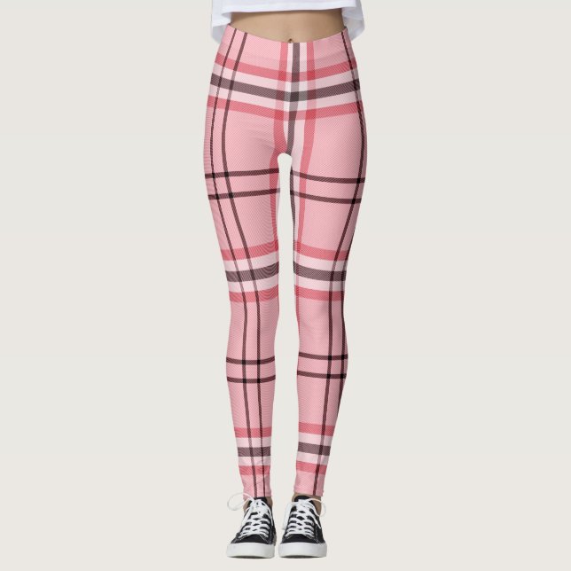 Chic Pink & Graues Kariertes Modedesign Leggings (Vorderseite)