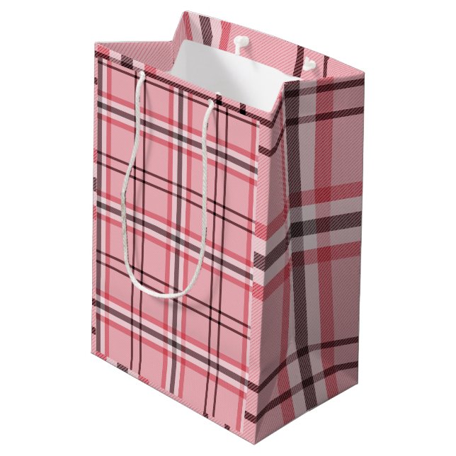 Chic Pink & Graues Kariertes Modedesign-Party Mittlere Geschenktüte (Rückseite Schrägansicht)