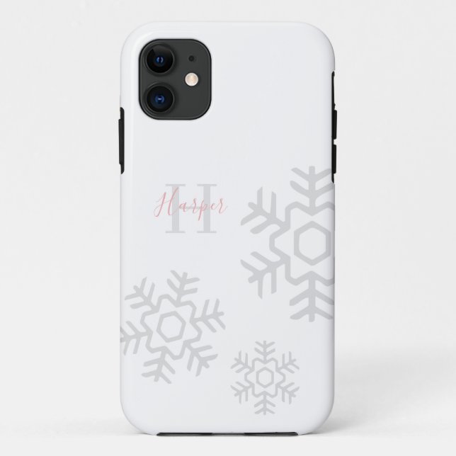 Chic Pink Gray Snowflake Monogram auf Weiß Case-Mate iPhone Hülle (Rückseite)