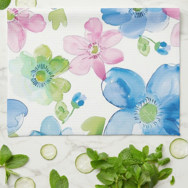 Chic Pink Green Blue Floral Geschirrtuch (Gefaltet)