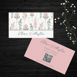 Chic Pink & Green Country Floral QR Code Visitenkarte