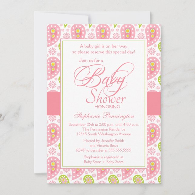 Chic pink + green paisley Baby Dusche Einladung (Vorderseite)
