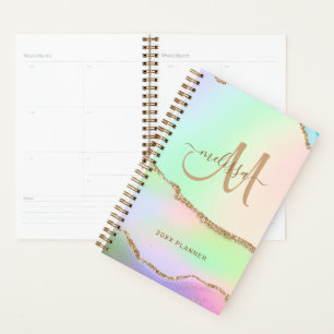 Chic Pink Green Pastel Gold Glitzer Monogram 2024 Planer