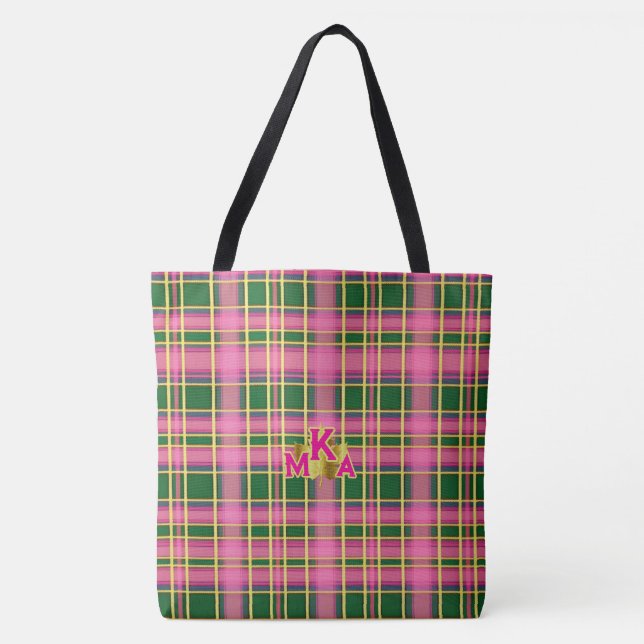 Chic Pink & Green Plaid Tote Bag with Monogram Tasche (Vorderseite)