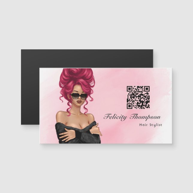 Chic Pink Hair Stylist QR Code Magnetkarte (Vorne/Hinten)