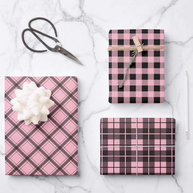 Chic Pink Kariert Buffalo Karo Mixed Muster Geschenkpapier Set (Vorderseite)