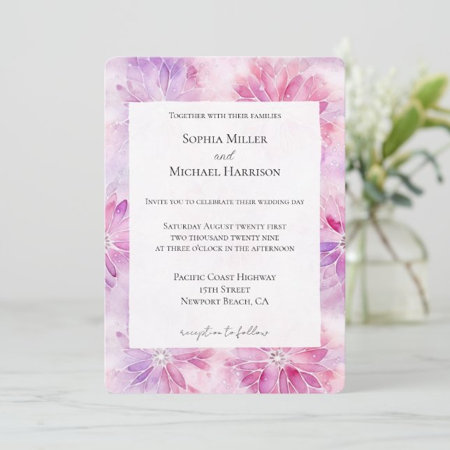 Chic Pink Lavender Floral Wedding Einladung (Stehend Vorderseite)