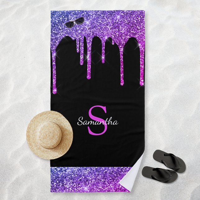 Chic Pink Lila Blue Glitzer Tropfen Black Monogram Strandtuch (Chic Pink Purple Blue Glitter Drips Black Monogram Beach Towel)