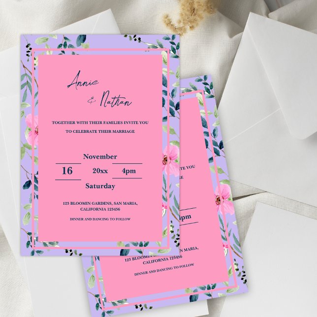 Chic Pink Lila Blumenrahmen Einladung zur Hochzeit (Chic Pink Purple Floral Frame Wedding Invitation)