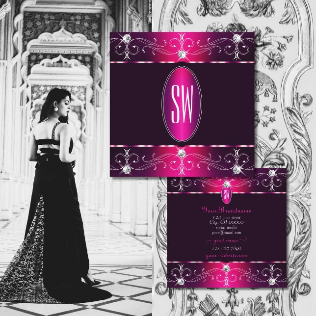 Chic Pink Lila Burgund Verziert Ornamente Monogram Quadratische Visitenkarte (Von Creator hochgeladen)
