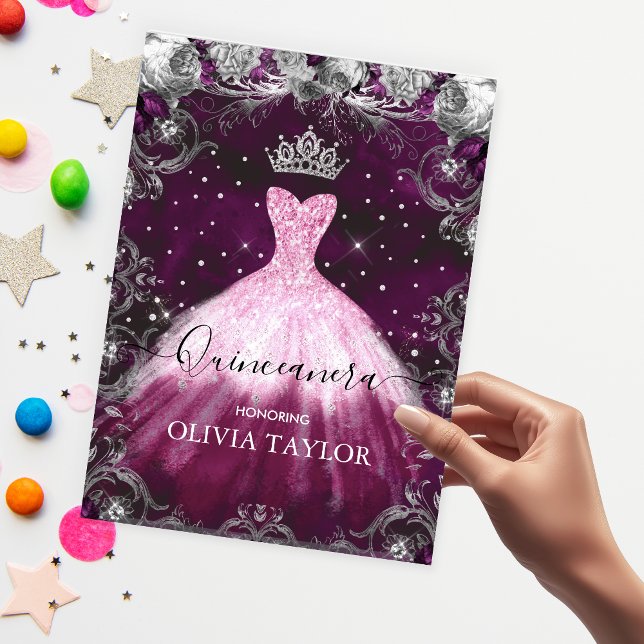 Chic pink lila florale Glitzer Kröten Quinceanera Einladung (Von Creator hochgeladen)