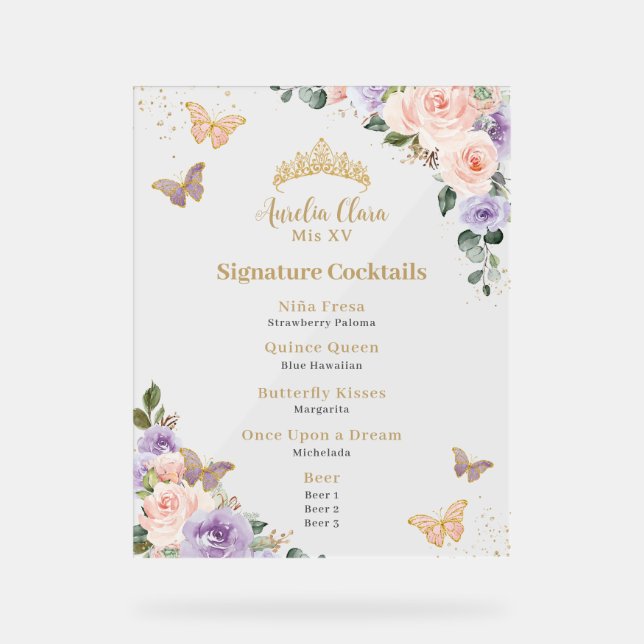 Chic Pink Lila florale Quinceanera Bar Drink Menü Acrylschild (Vorderseite)
