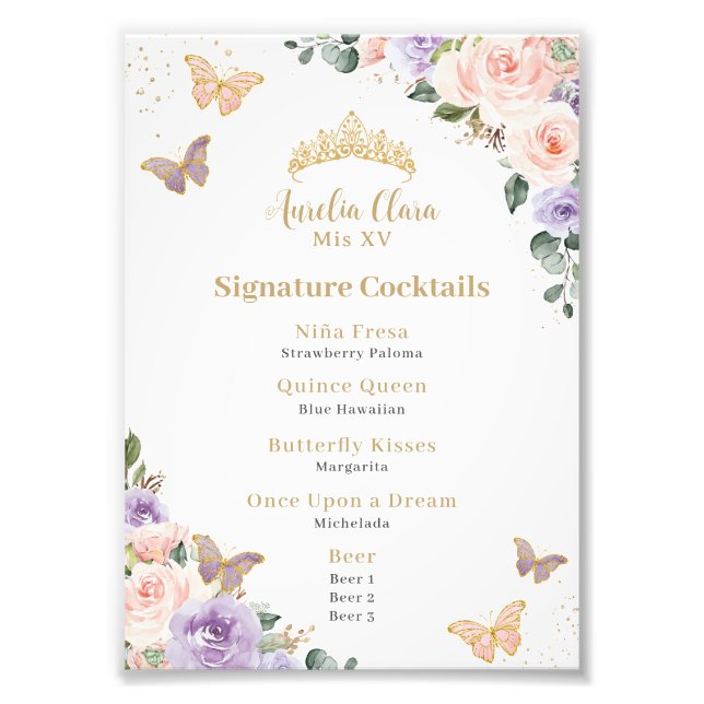 Chic Pink Lila florale Quinceanera Bar Drink Menü Fotodruck (Vorne)