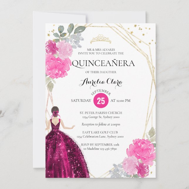 Chic Pink Magenta Floral Geometric Quinceañera Einladung (Vorderseite)