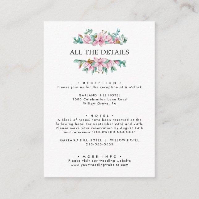 Chic Pink Magnolia Wedding Details Anleitungen Begleitkarte (Vorderseite)