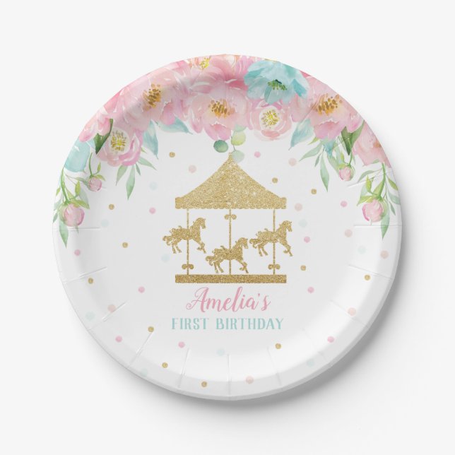 Chic Pink Minz floral Carousel Geburtstagsparty Pappteller (Vorderseite)