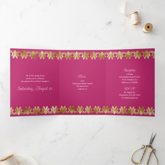 Chic Pink mit Gold Quinceanera Party Einladung (Innenseite)