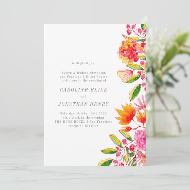 Chic Pink Orange Aquarellfarben formale Hochzeit Einladung (Stehend Vorderseite)