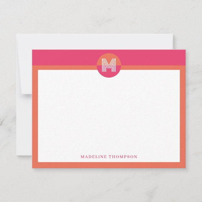 Chic Pink Orange Geometric Modern Monogram Mitteilungskarte (Vorderseite)