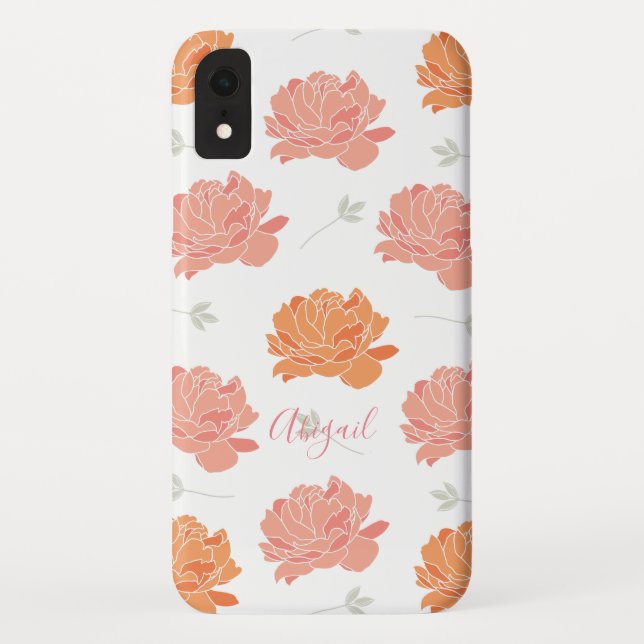 Chic Pink & Orange Peonies Pattern Monogram Case-Mate iPhone Hülle (Rückseite)