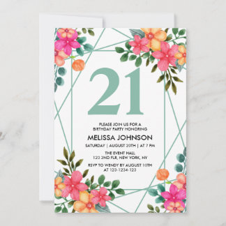 Chic Pink Orange Spring Blume 21. Geburtstag Einladung