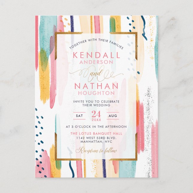Chic Pink Painted Brush Strokes Chic Wedding Einladungspostkarte (Vorderseite)