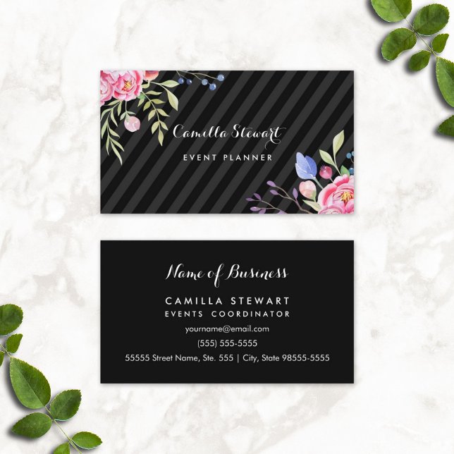 Chic Pink Peonies Floral Stripes Event Plane Visitenkarte (Chic Pink Peonies Floral Stripes Event Planner Business Cards)