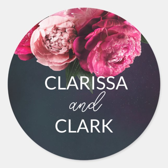 Chic Pink Peony Couple Names Wedding Umschlag Aufk Runder Aufkleber (Vorderseite)