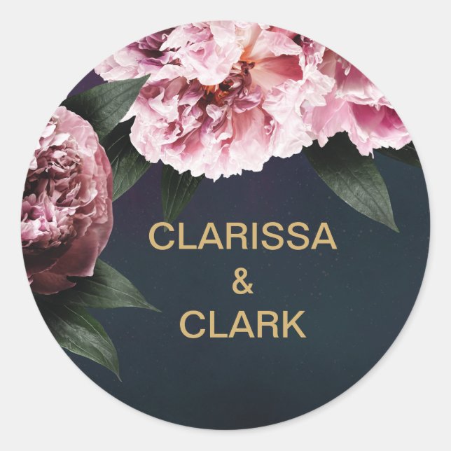Chic Pink Peony Couples Names Wedding Envelope Runder Aufkleber (Vorderseite)