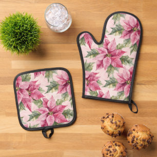 Chic Pink Poinsettia Blume Weihnachten Ofenhandschuh & Topflappen-Set