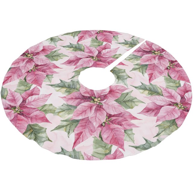 Chic Pink Poinsettia Blume Weihnachten Polyester Weihnachtsbaumdecke (Schrägansicht)