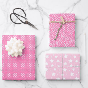 Chic Pink Polka Dots Weiß Streifen Geschenkpapier Set