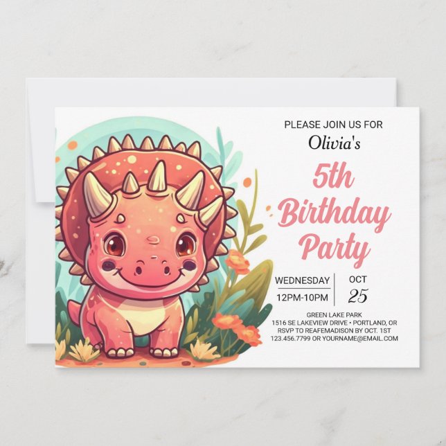 Chic Pink Printable Dinosaur Girl Geburtstag Einladung (Vorderseite)