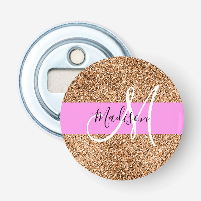 Chic Pink & Pumpkin Glitzer Glitzern Monogram Name Flaschenöffner (Vorderseite)